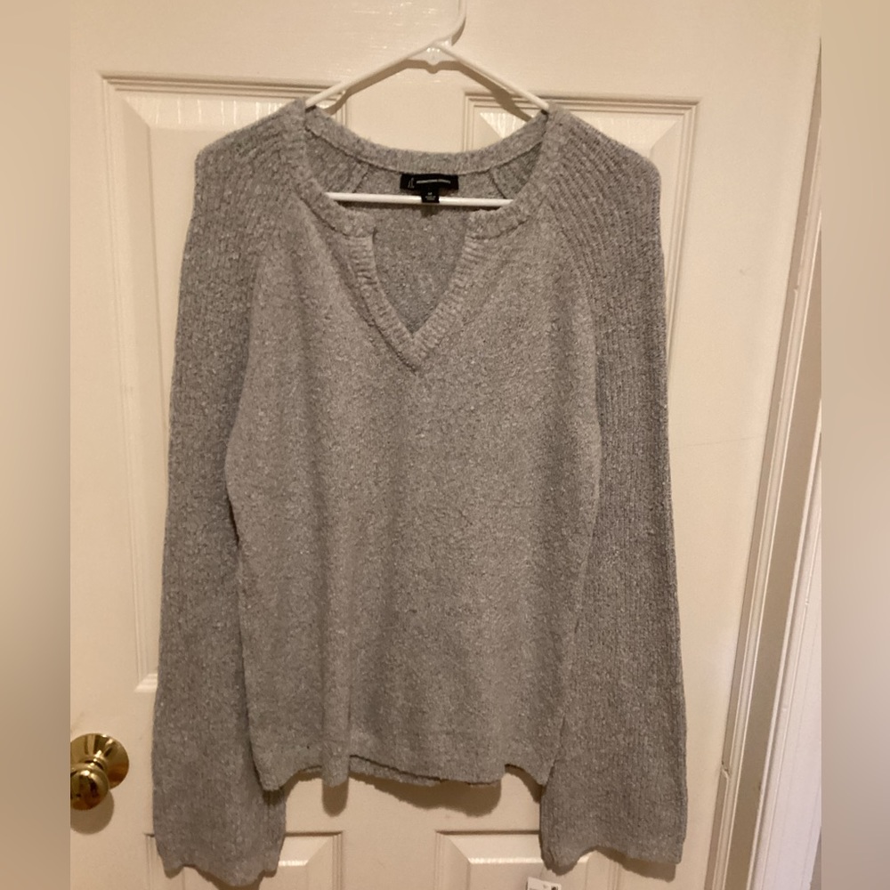Inc. gray soft sweater V neck long sleeve, Size M, cotton/poly/spandex blend.
